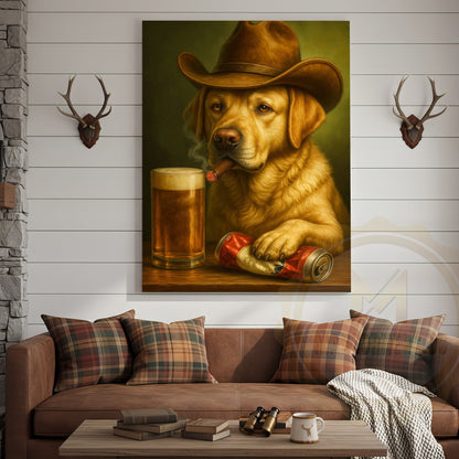 Cowboy Dog Smoking Cigar with Beer Rustic Western Bar Art Wrapped Canvas