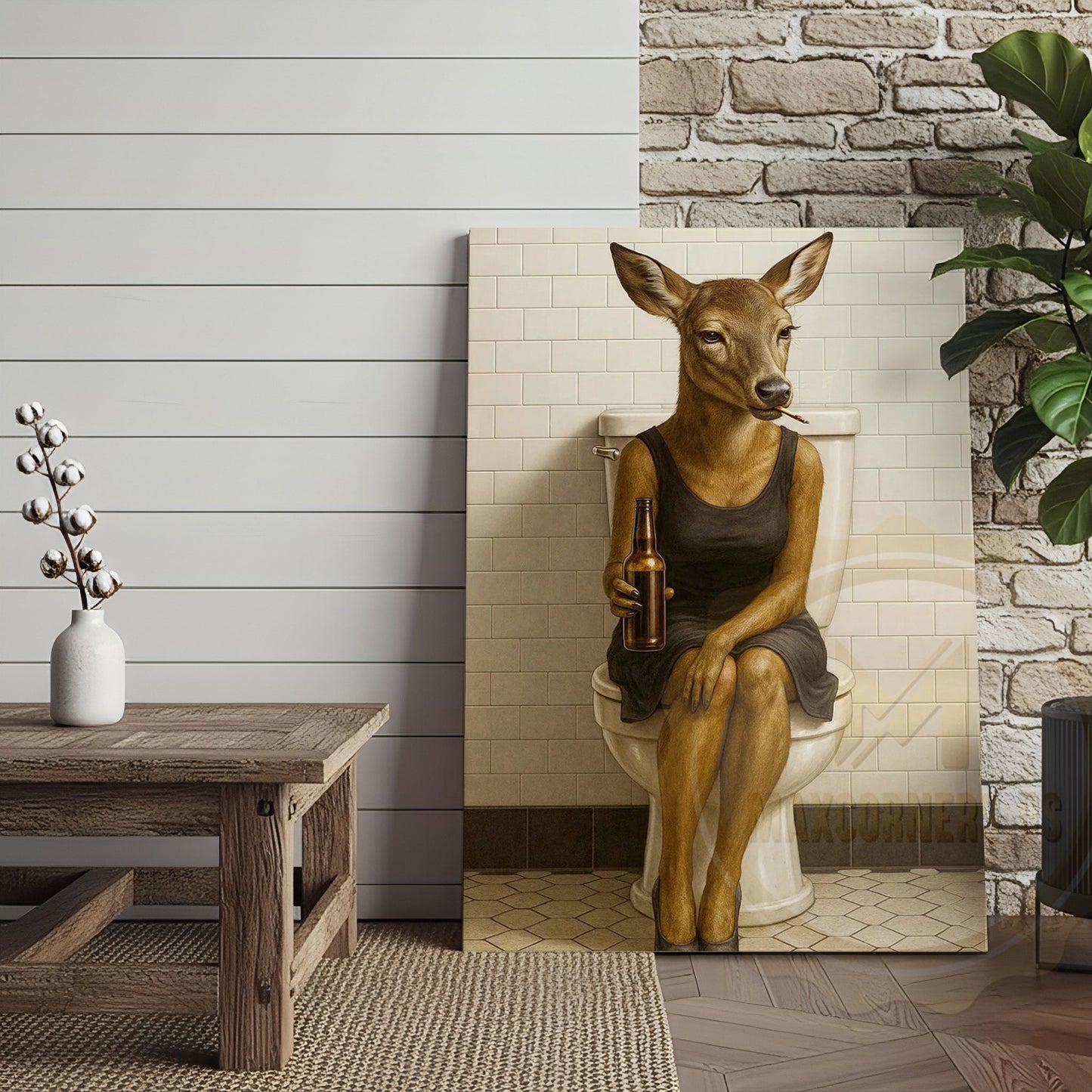 Funny Deer Woman Holding Beer Bathroom Humor Art Wrapped Canvas