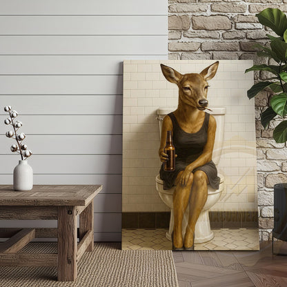 Funny Deer Woman Holding Beer Bathroom Humor Art Wrapped Canvas