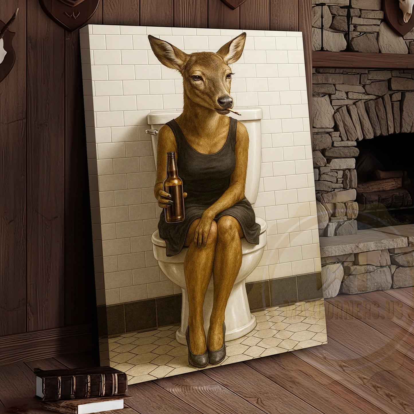 Funny Deer Woman Holding Beer Bathroom Humor Art Wrapped Canvas