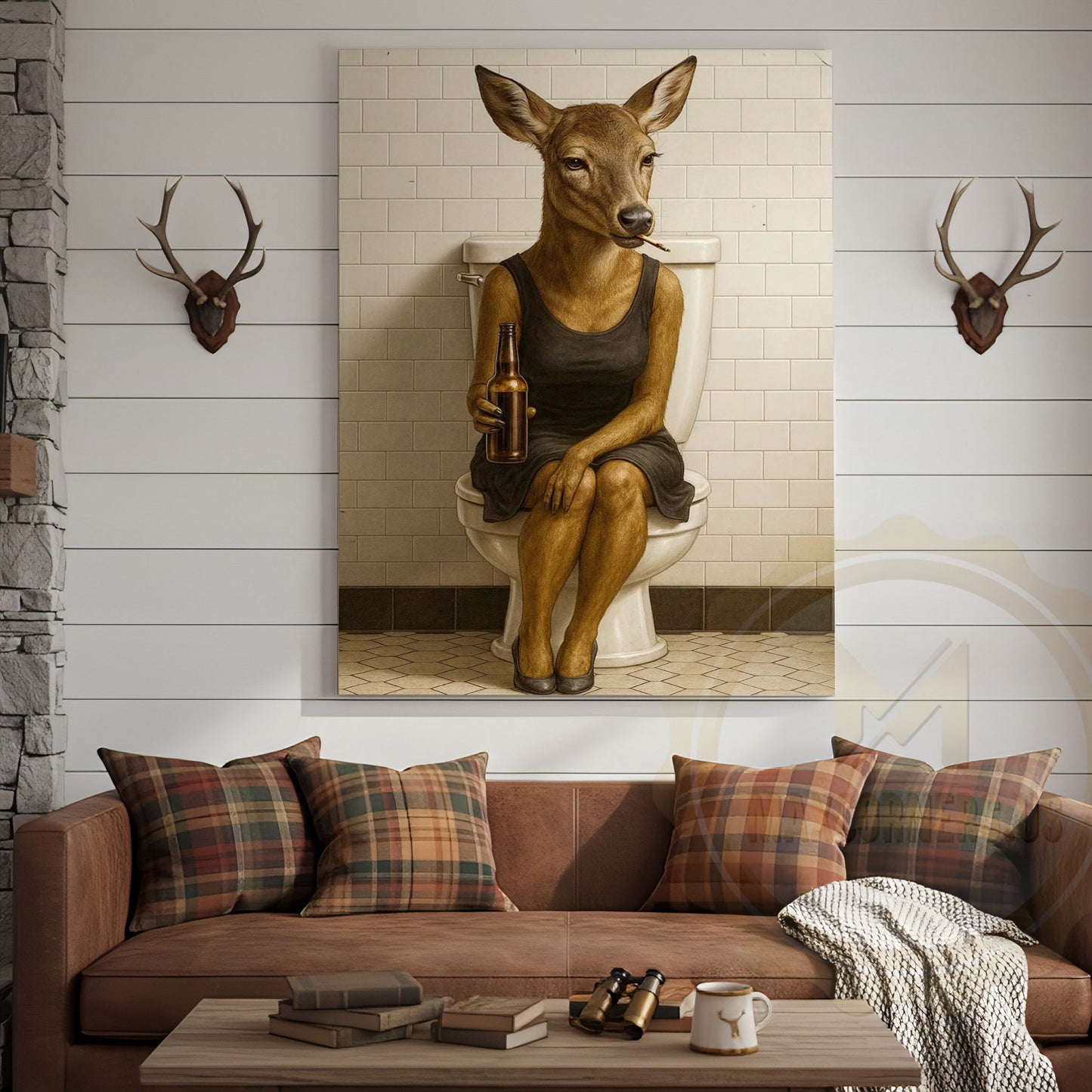Funny Deer Woman Holding Beer Bathroom Humor Art Wrapped Canvas