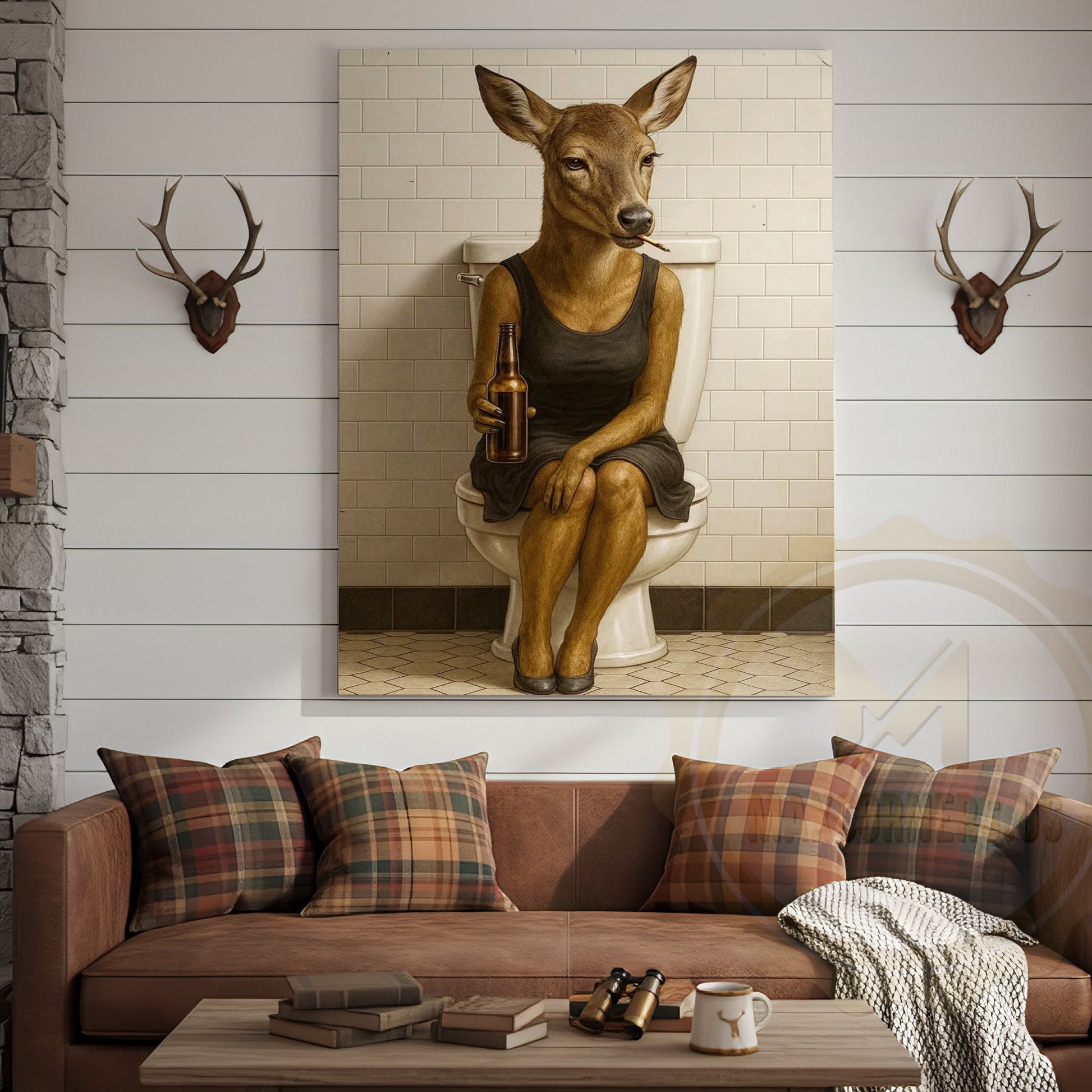 Funny Deer Woman Holding Beer Bathroom Humor Art Wrapped Canvas