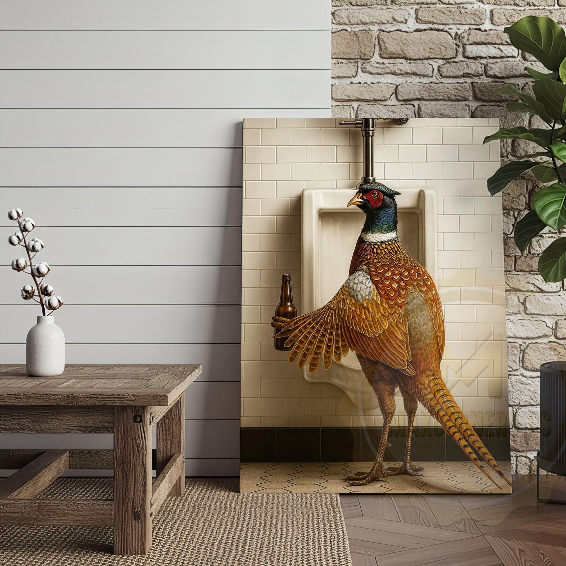 Funny Pheasant Holding Beer Bathroom Humor Rustic Art Wrapped Canvas