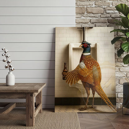 Funny Pheasant Holding Beer Bathroom Humor Rustic Art Wrapped Canvas
