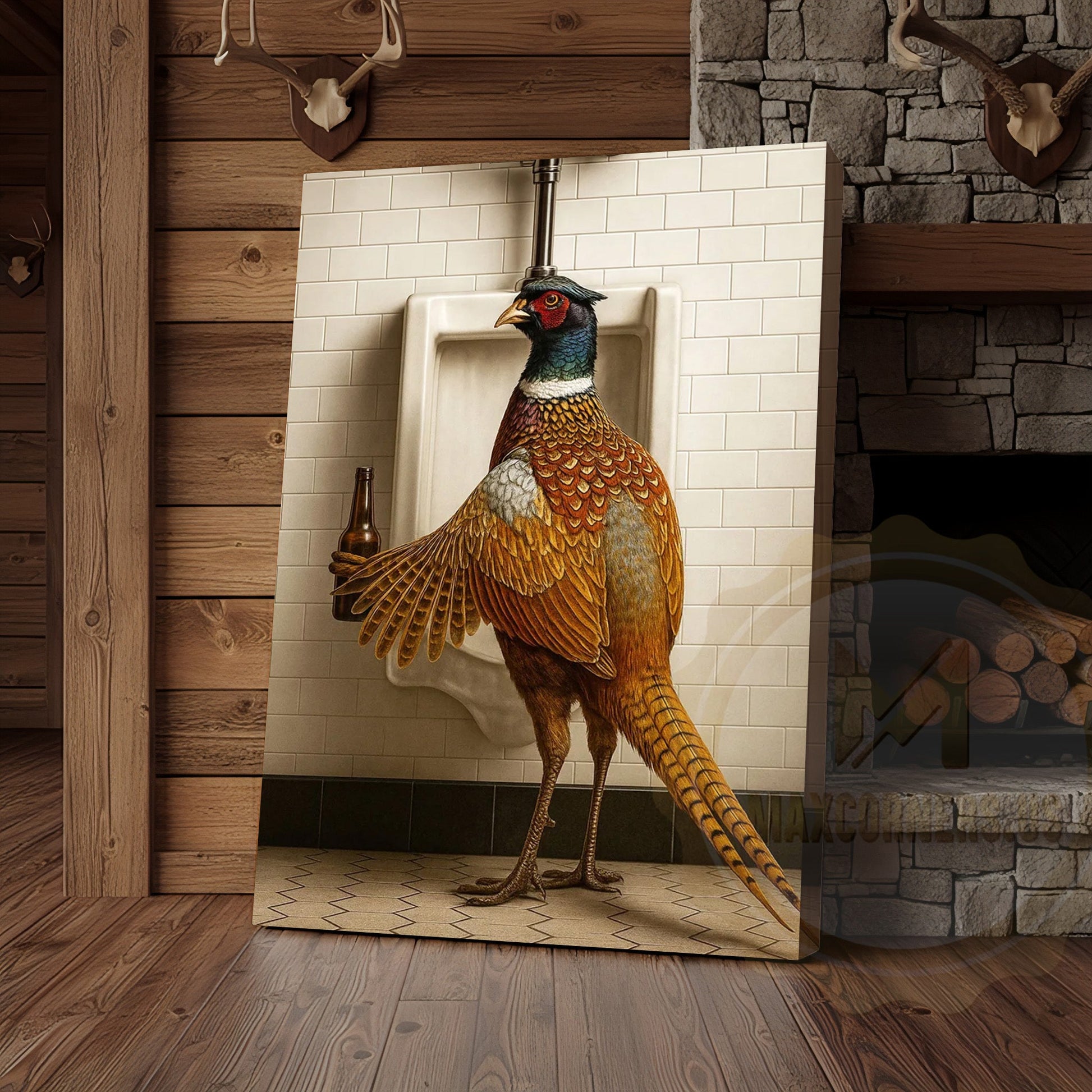 Funny Pheasant Holding Beer Bathroom Humor Rustic Art Wrapped Canvas