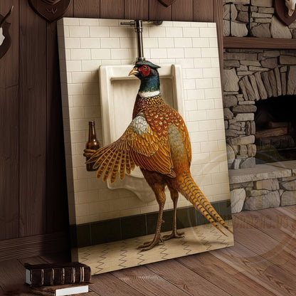 Funny Pheasant Holding Beer Bathroom Humor Rustic Art Wrapped Canvas