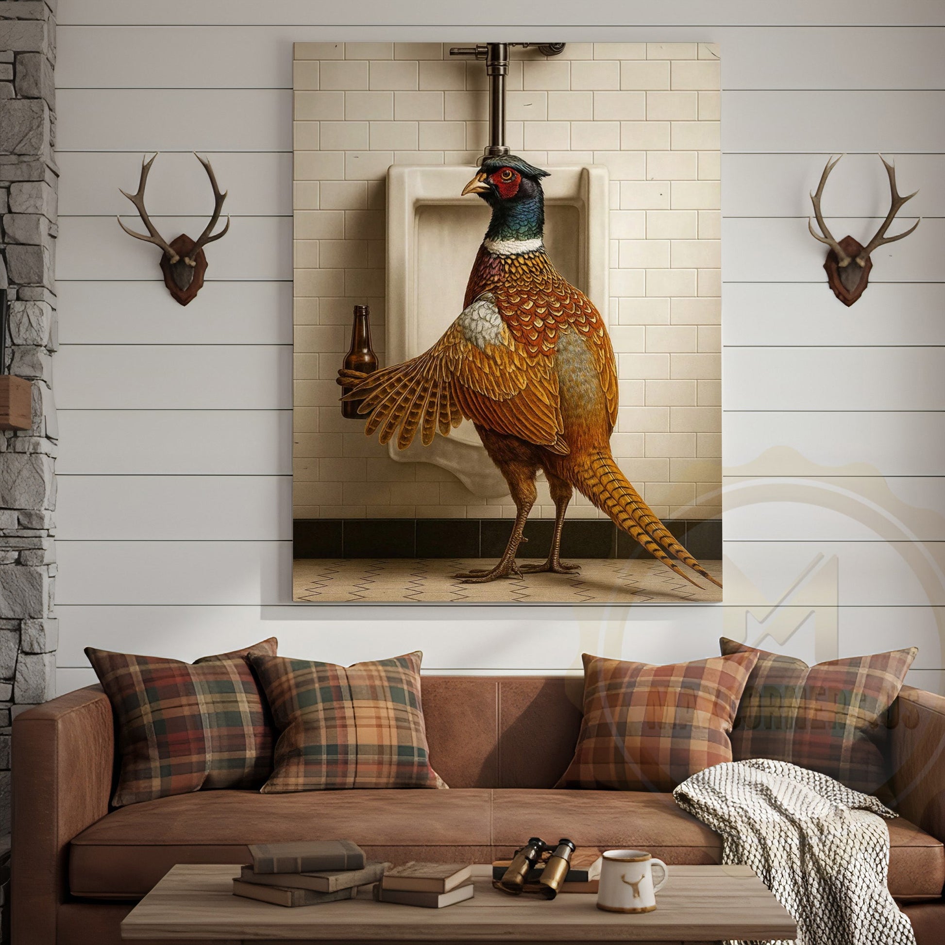 Funny Pheasant Holding Beer Bathroom Humor Rustic Art Wrapped Canvas