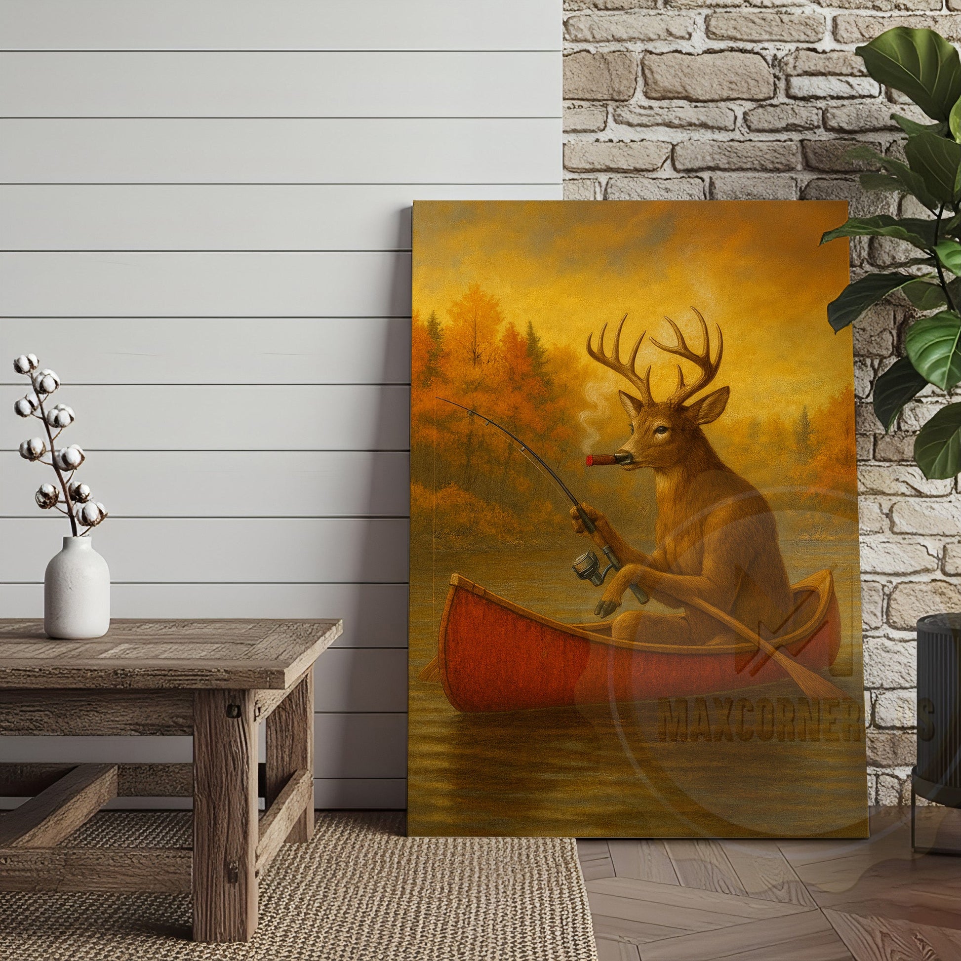 Deer Fishing with Cigar Autumn Lake Rustic Cabin Art Wrapped Canvas