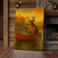 Deer Fishing with Cigar Autumn Lake Rustic Cabin Art Wrapped Canvas