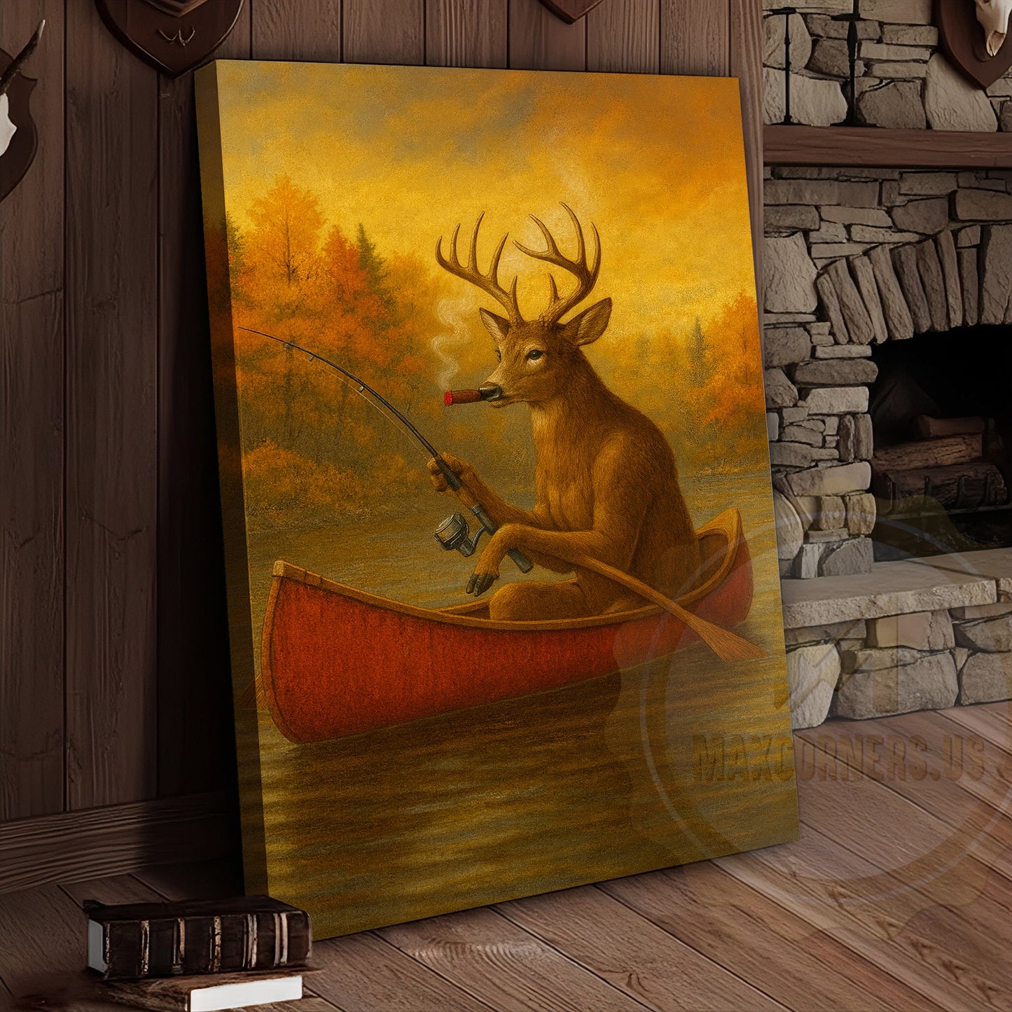 Deer Fishing with Cigar Autumn Lake Rustic Cabin Art Wrapped Canvas