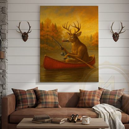 Deer Fishing with Cigar Autumn Lake Rustic Cabin Art Wrapped Canvas