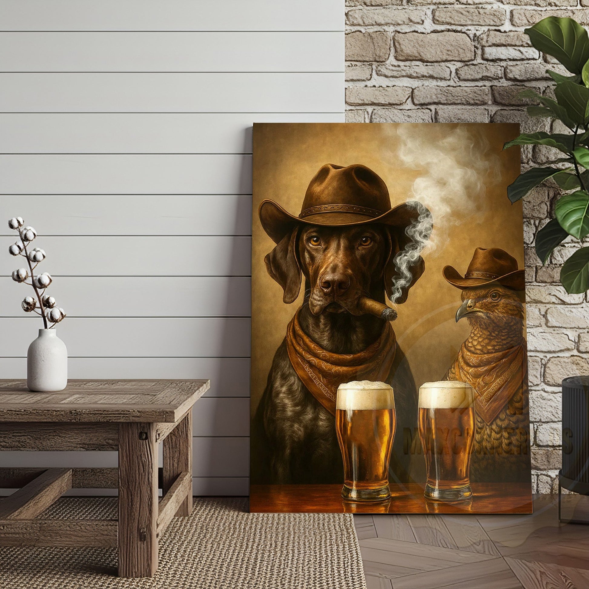 Cowboy Dog and Pheasant Drinking Beer Western Bar Art Wrapped Canvas