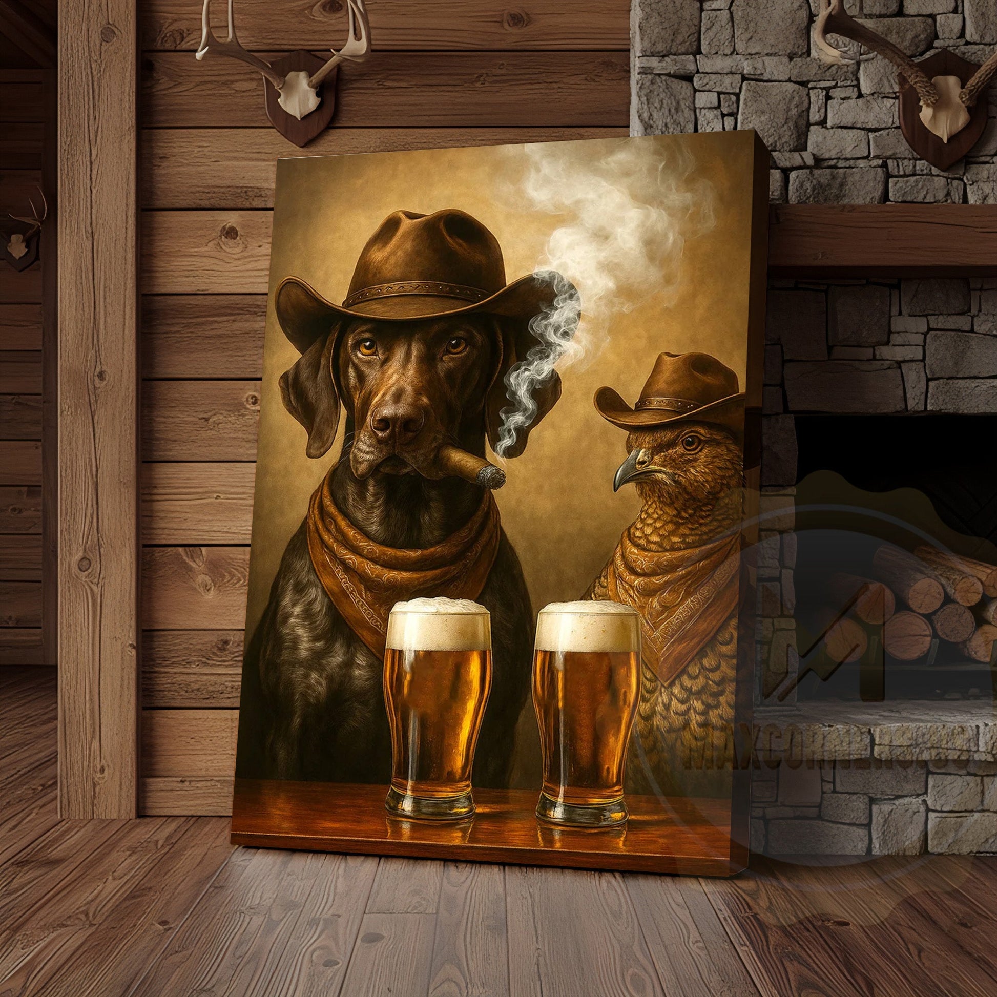 Cowboy Dog and Pheasant Drinking Beer Western Bar Art Wrapped Canvas