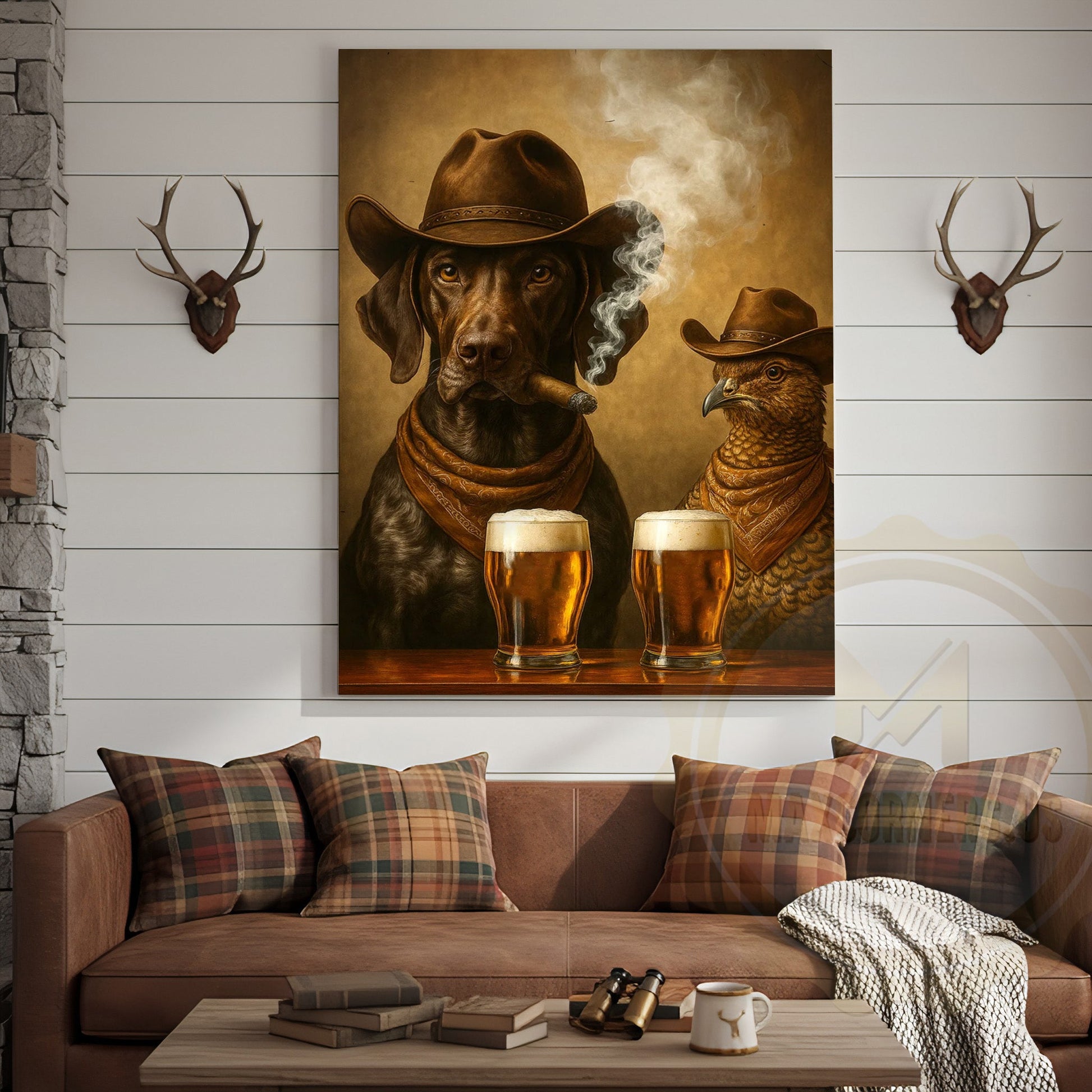 Cowboy Dog and Pheasant Drinking Beer Western Bar Art Wrapped Canvas