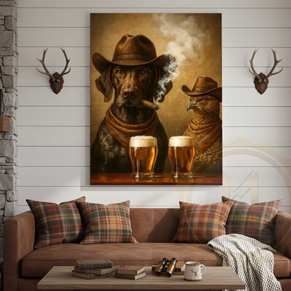Cowboy Dog and Pheasant Drinking Beer Western Bar Art Wrapped Canvas