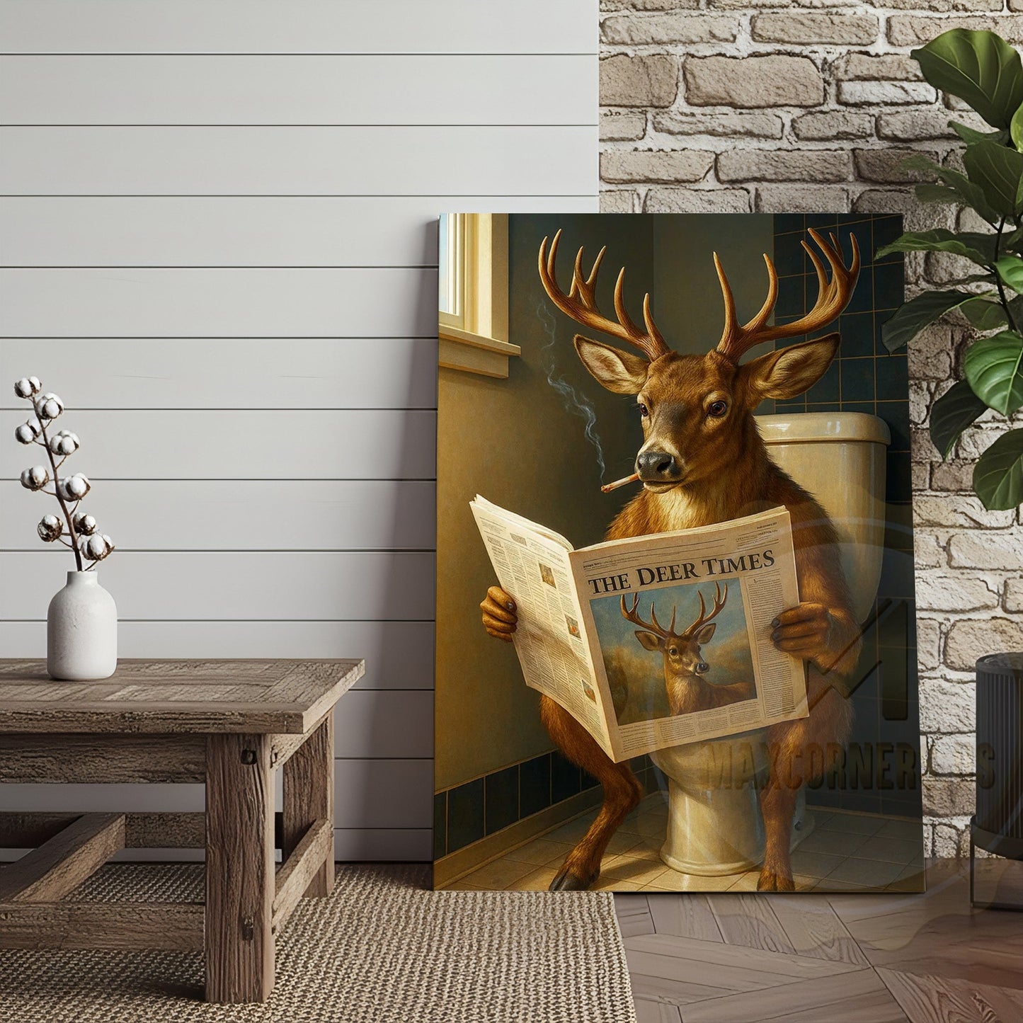 Deer Reading Newspaper Funny Bathroom Humor Rustic Art Wrapped Canvas