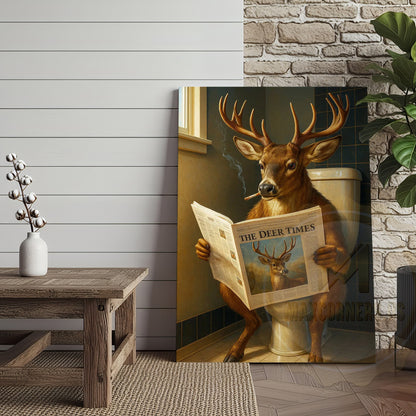 Deer Reading Newspaper Funny Bathroom Humor Rustic Art Wrapped Canvas