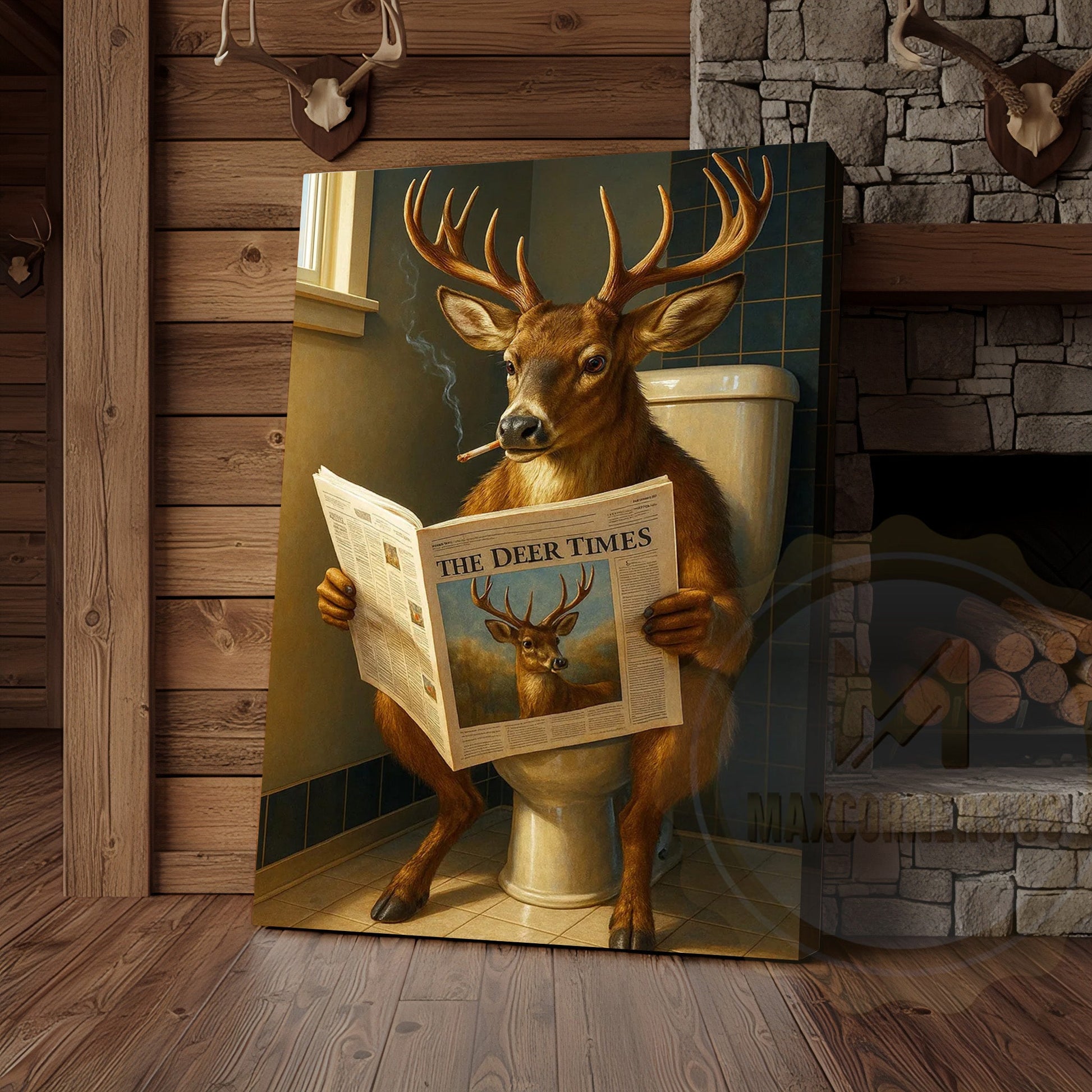Deer Reading Newspaper Funny Bathroom Humor Rustic Art Wrapped Canvas