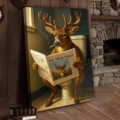 Deer Reading Newspaper Funny Bathroom Humor Rustic Art Wrapped Canvas