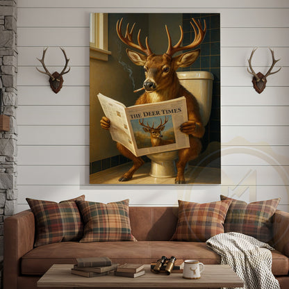 Deer Reading Newspaper Funny Bathroom Humor Rustic Art Wrapped Canvas