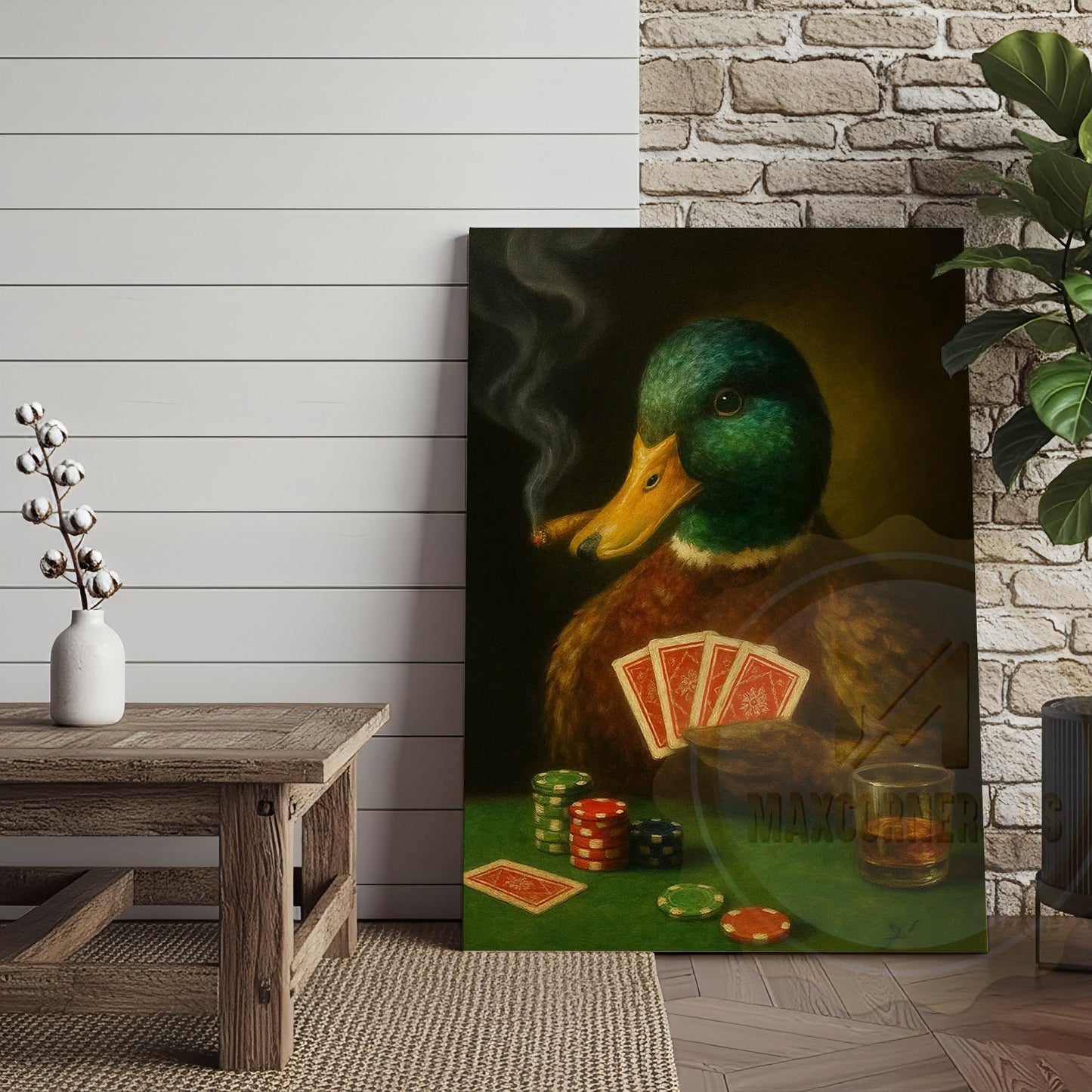 Duck Smoking Cigar Playing Poker Rustic Bar Art Wrapped Canvas