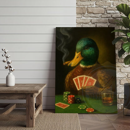 Duck Smoking Cigar Playing Poker Rustic Bar Art Wrapped Canvas