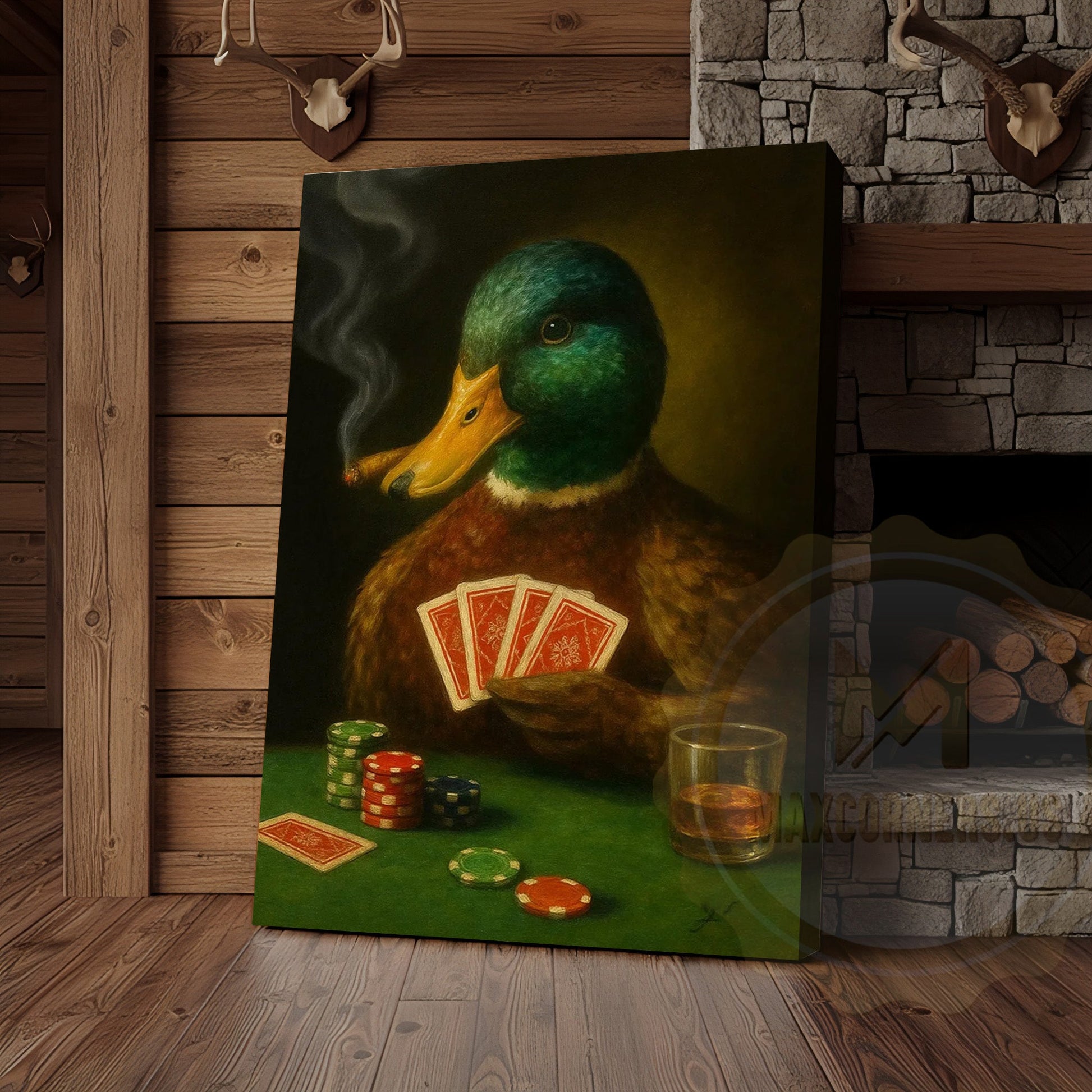 Duck Smoking Cigar Playing Poker Rustic Bar Art Wrapped Canvas