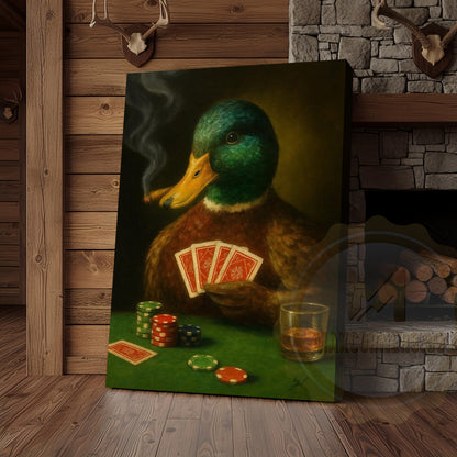 Duck Smoking Cigar Playing Poker Rustic Bar Art Wrapped Canvas