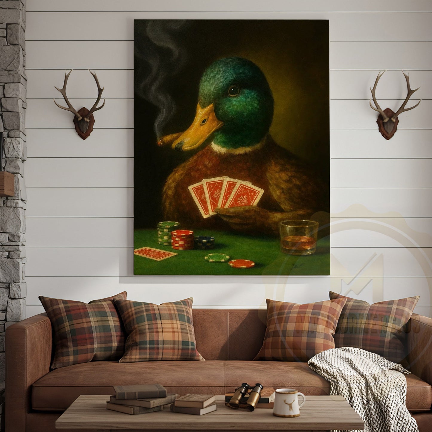 Duck Smoking Cigar Playing Poker Rustic Bar Art Wrapped Canvas