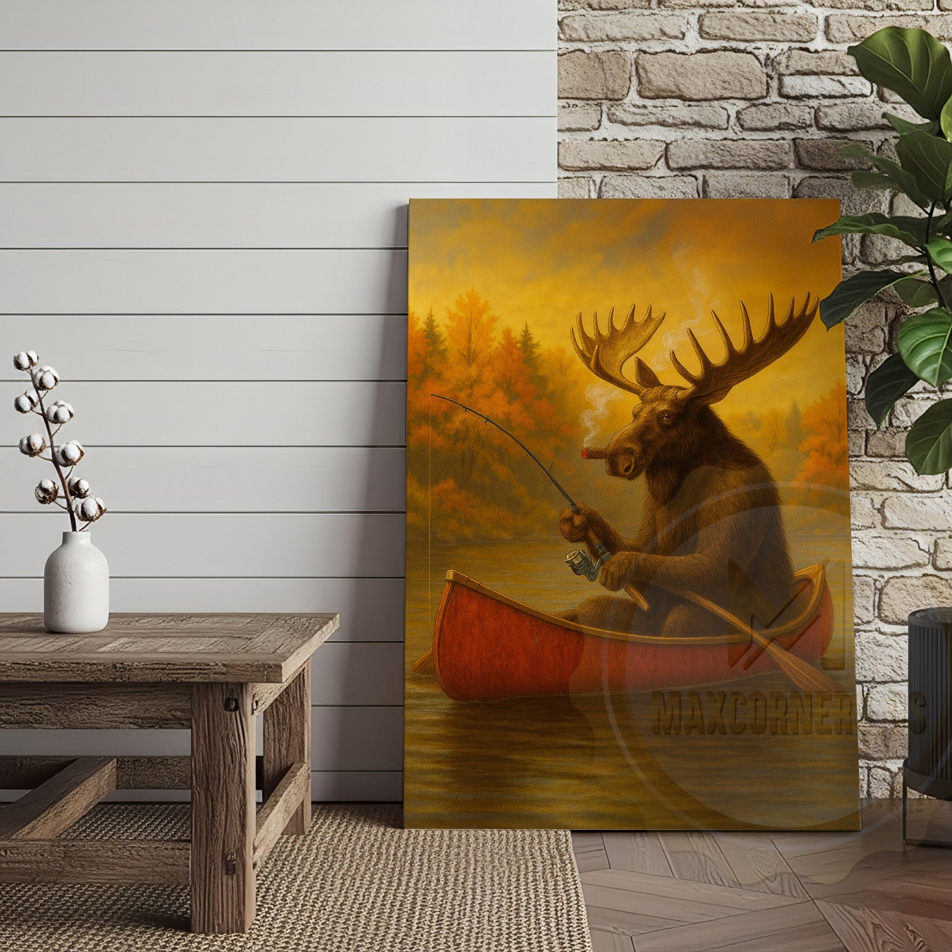 Moose Fishing with Cigar Autumn Lake Cabin Art Wrapped Canvas