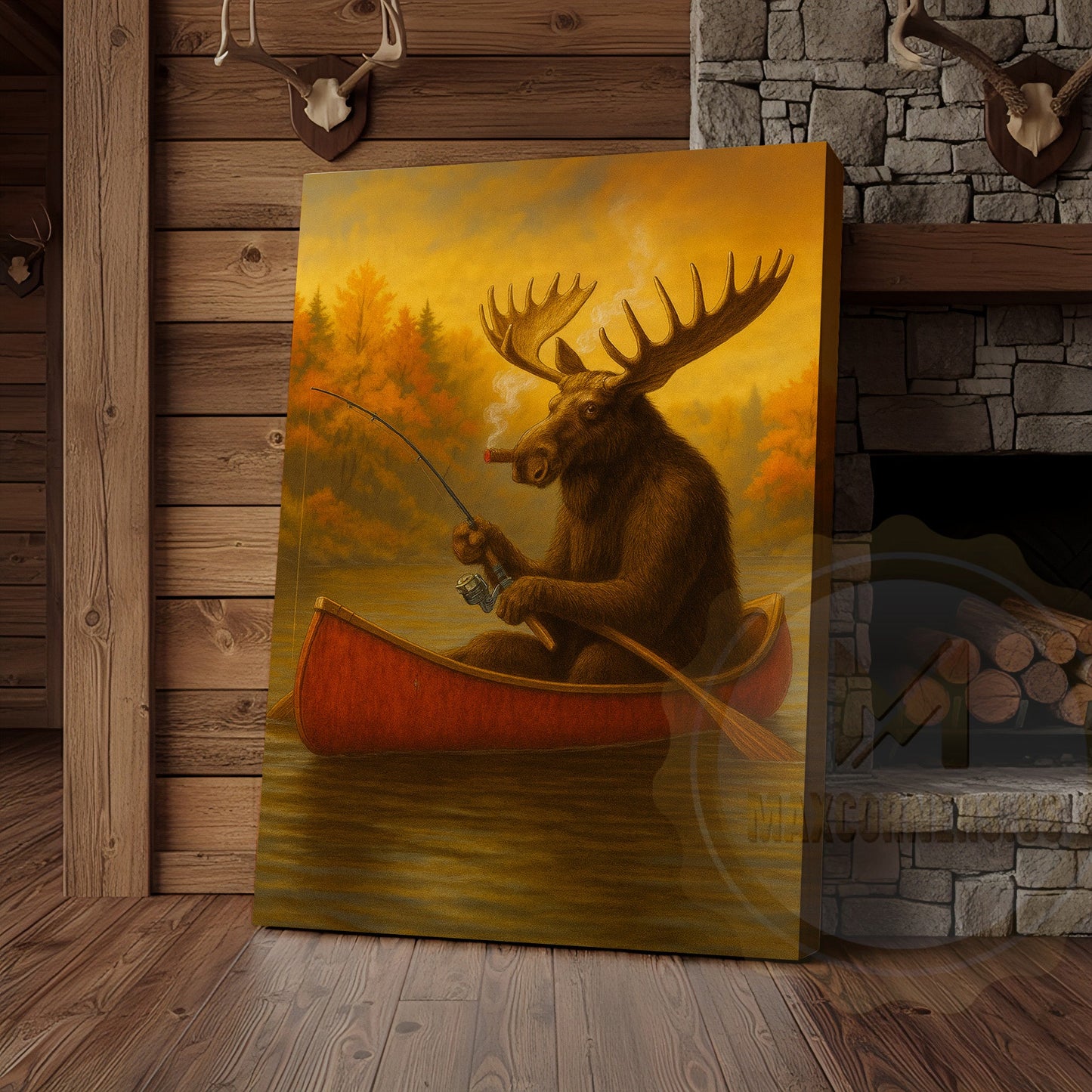 Moose Fishing with Cigar Autumn Lake Cabin Art Wrapped Canvas