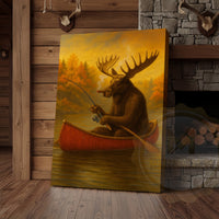 Moose Fishing with Cigar Autumn Lake Cabin Art Wrapped Canvas