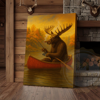 Moose Fishing with Cigar Autumn Lake Cabin Art Wrapped Canvas