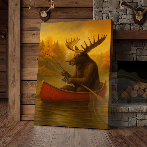 Moose Fishing with Cigar Autumn Lake Cabin Art Wrapped Canvas