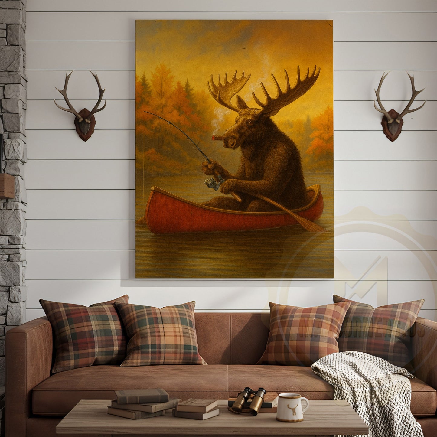Moose Fishing with Cigar Autumn Lake Cabin Art Wrapped Canvas