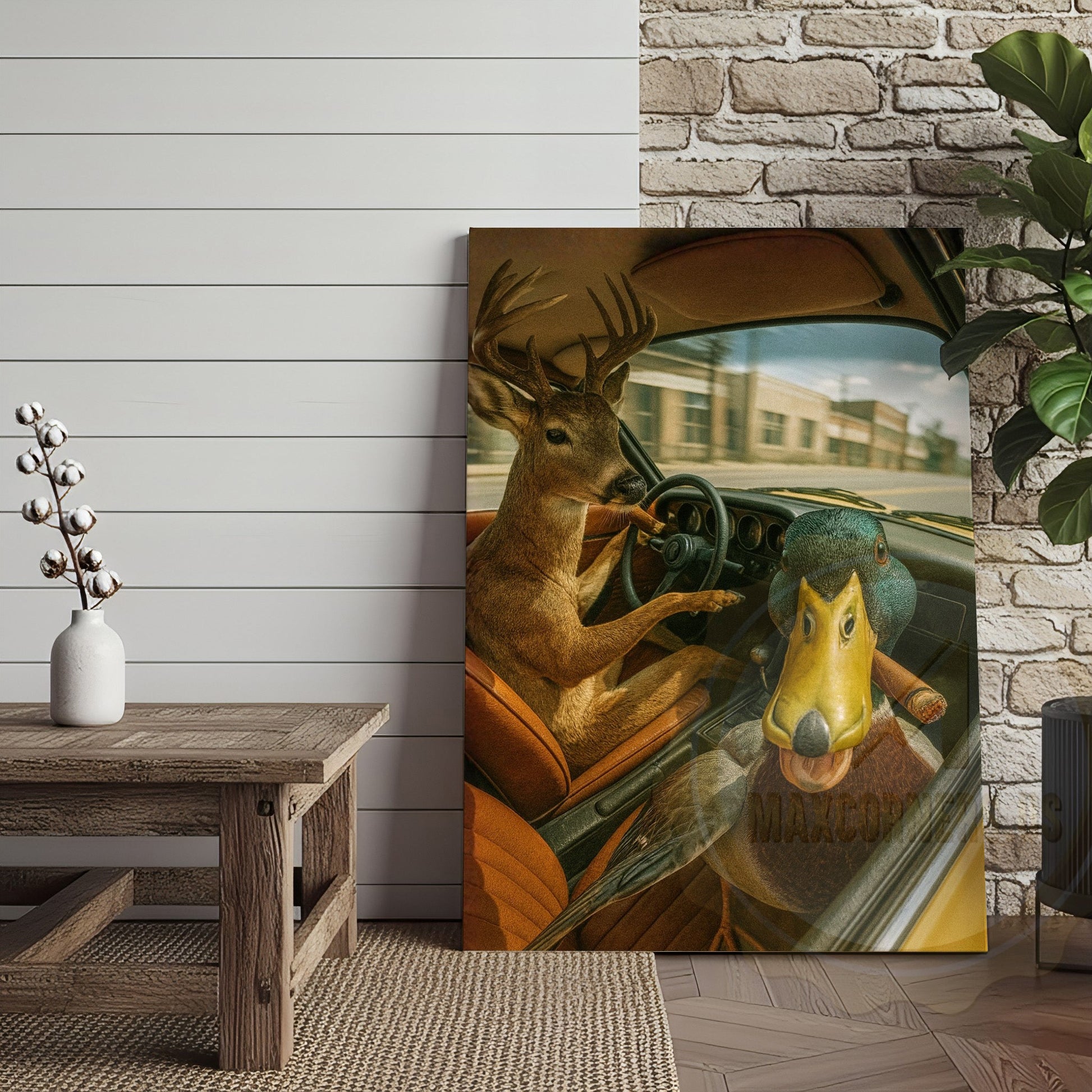 Deer Driving Car with Duck Funny Country Road Humor Art Wrapped Canvas