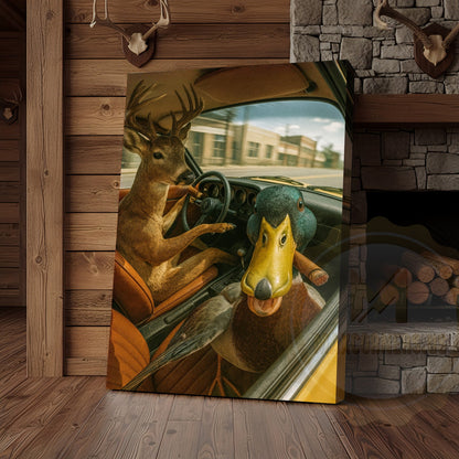 Deer Driving Car with Duck Funny Country Road Humor Art Wrapped Canvas