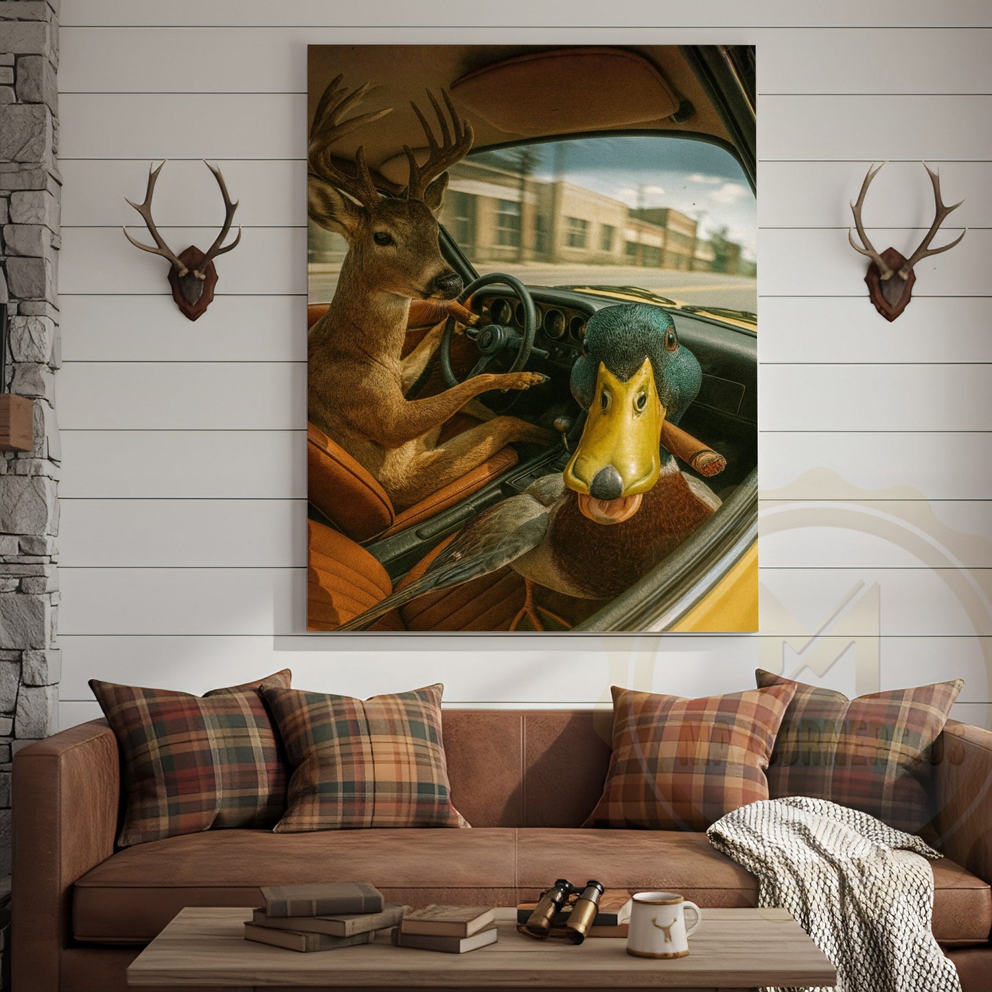 Deer Driving Car with Duck Funny Country Road Humor Art Wrapped Canvas