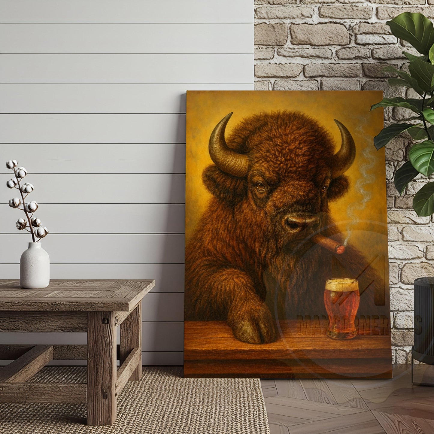 Buffalo Smoking Cigar with Beer Rustic Tavern Art Wrapped Canvas