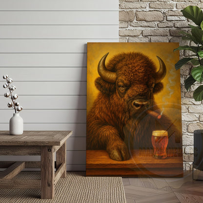 Buffalo Smoking Cigar with Beer Rustic Tavern Art Wrapped Canvas