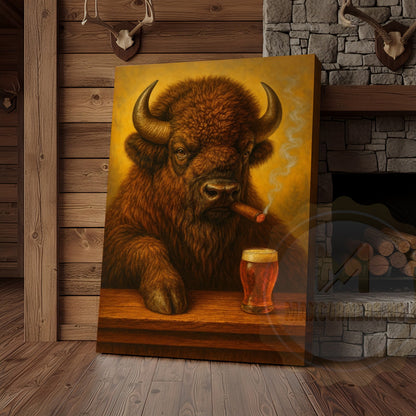 Buffalo Smoking Cigar with Beer Rustic Tavern Art Wrapped Canvas
