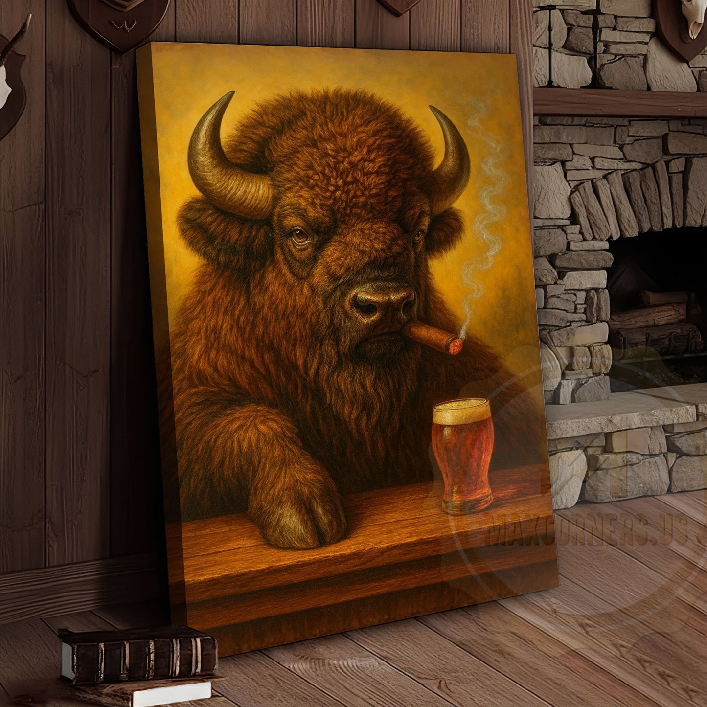 Buffalo Smoking Cigar with Beer Rustic Tavern Art Wrapped Canvas