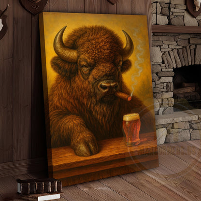 Buffalo Smoking Cigar with Beer Rustic Tavern Art Wrapped Canvas