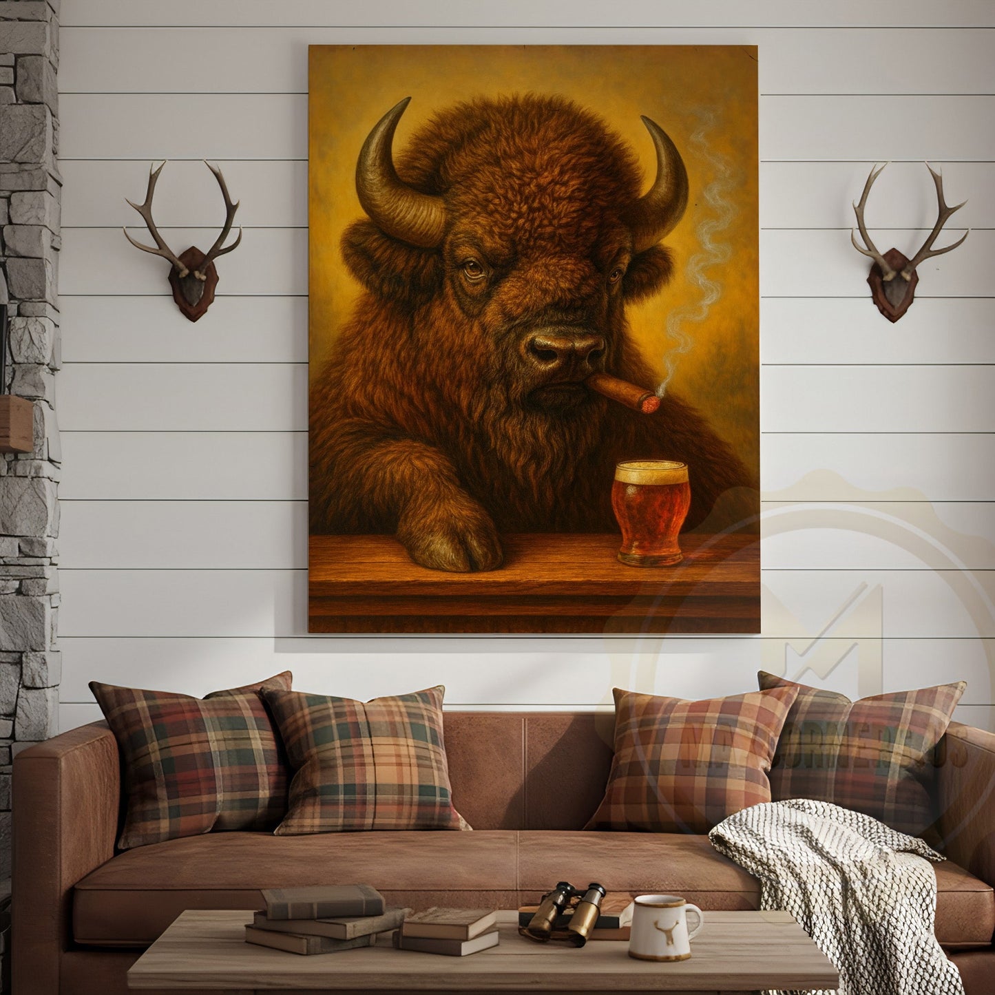 Buffalo Smoking Cigar with Beer Rustic Tavern Art Wrapped Canvas