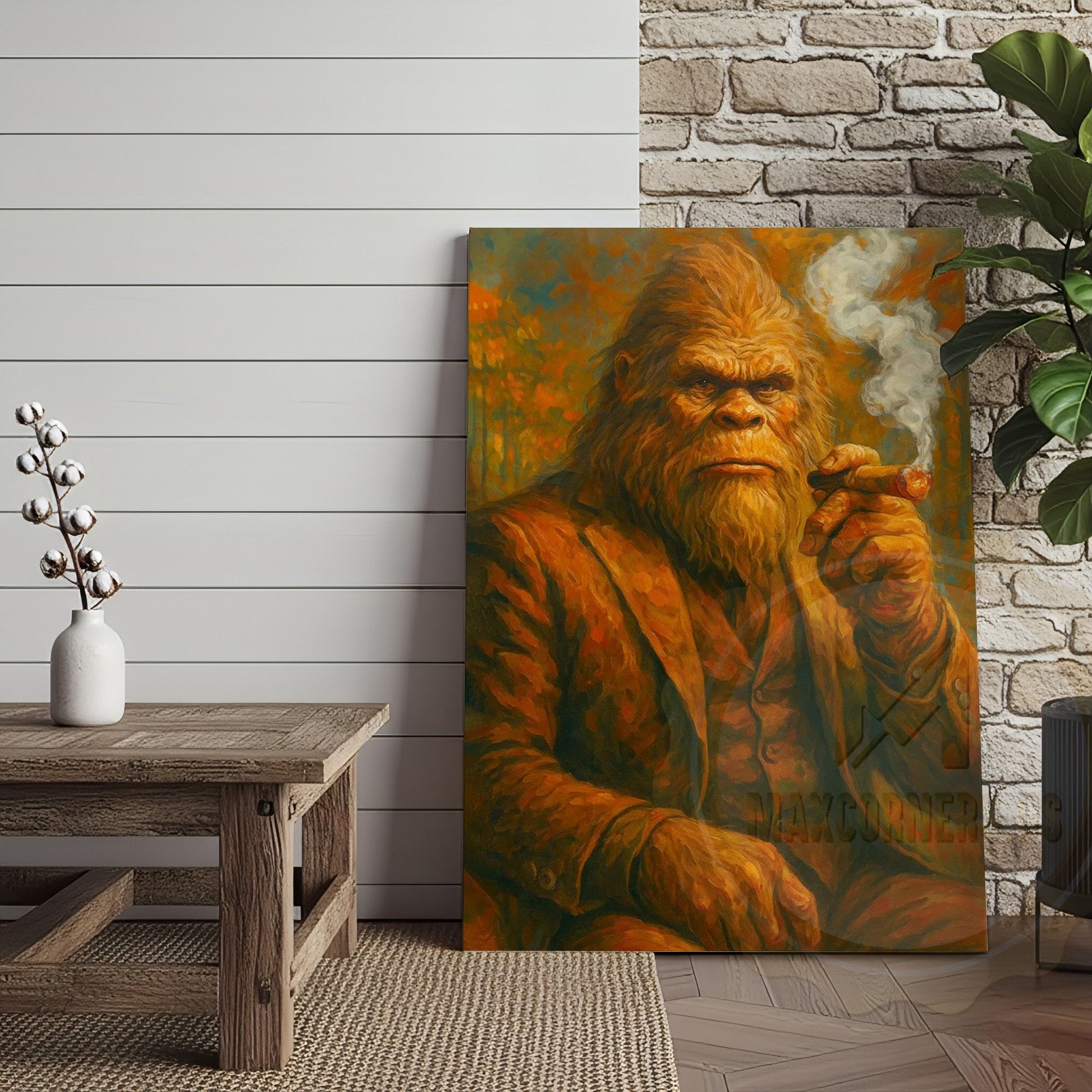 Bigfoot Smoking Cigar Rustic Lodge Wall Art Wrapped Canvas