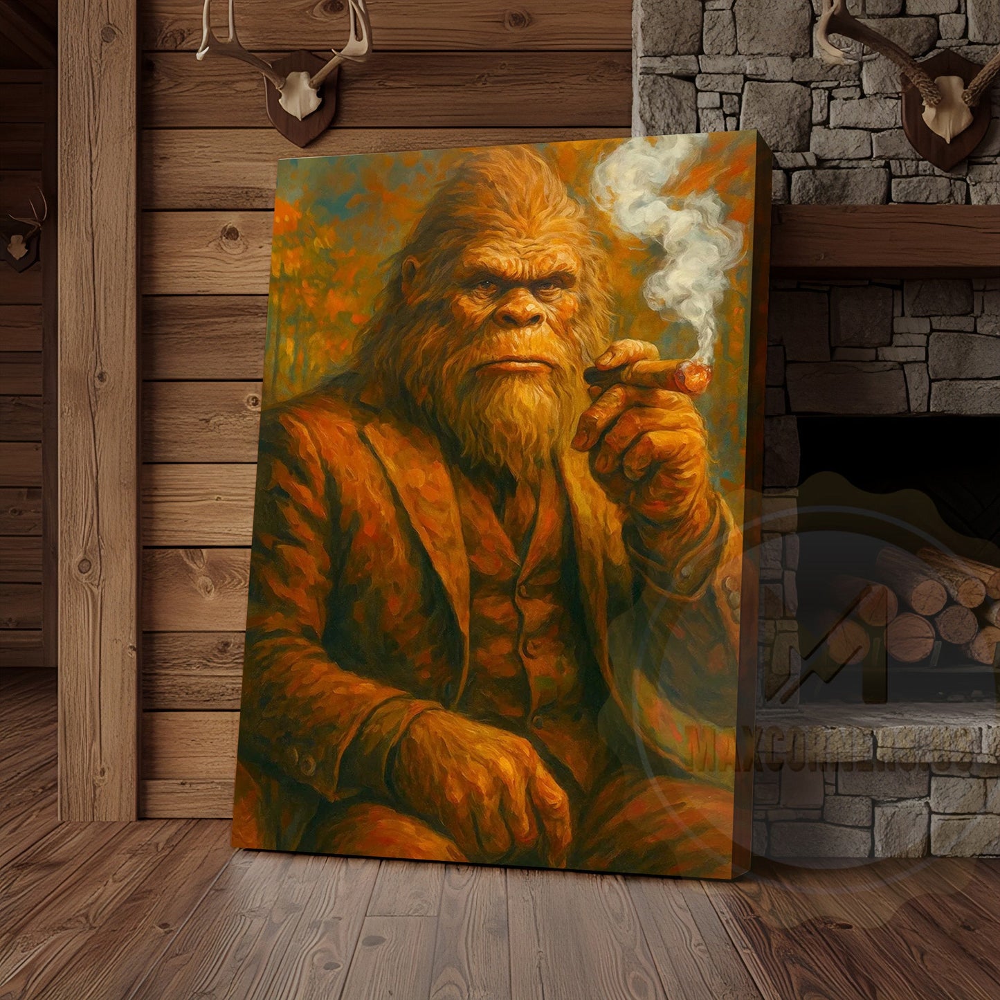 Bigfoot Smoking Cigar Rustic Lodge Wall Art Wrapped Canvas
