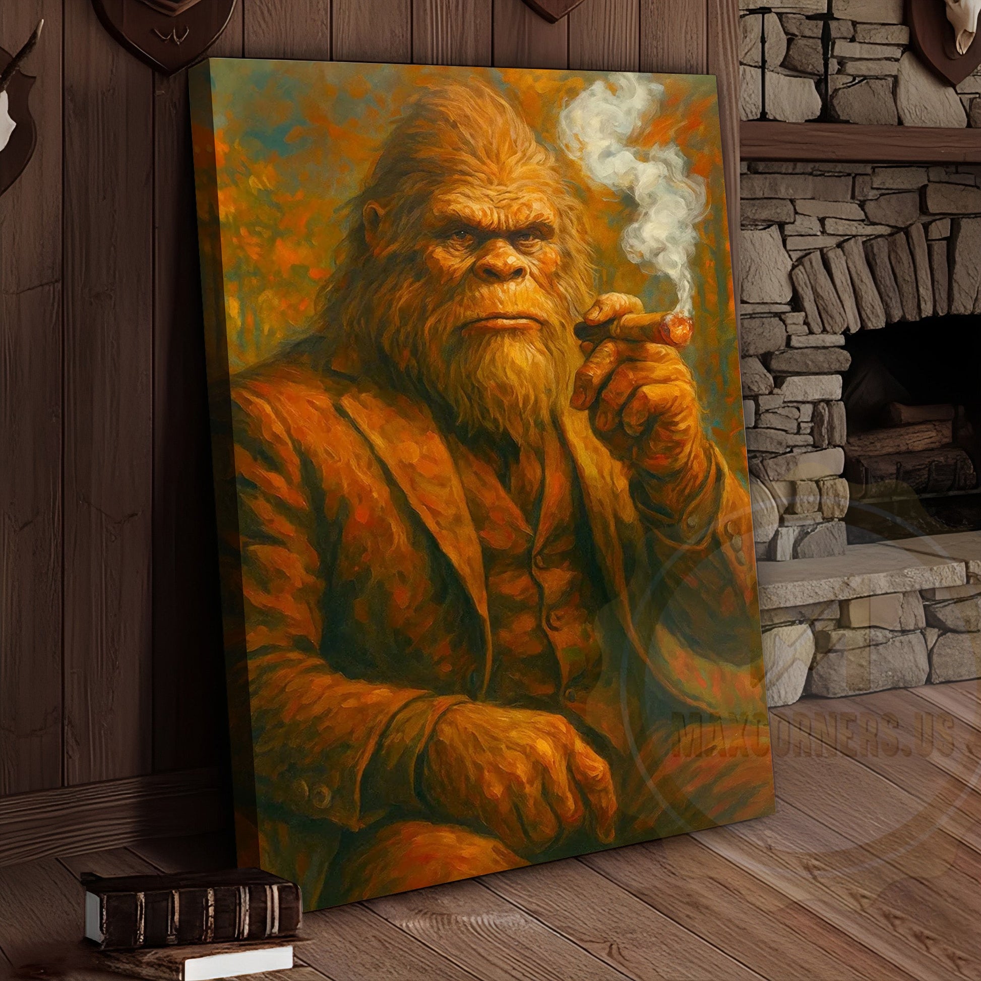 Bigfoot Smoking Cigar Rustic Lodge Wall Art Wrapped Canvas