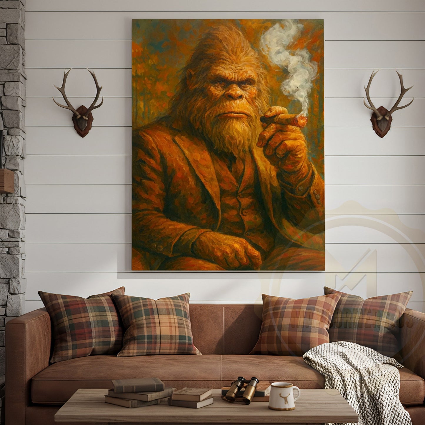 Bigfoot Smoking Cigar Rustic Lodge Wall Art Wrapped Canvas