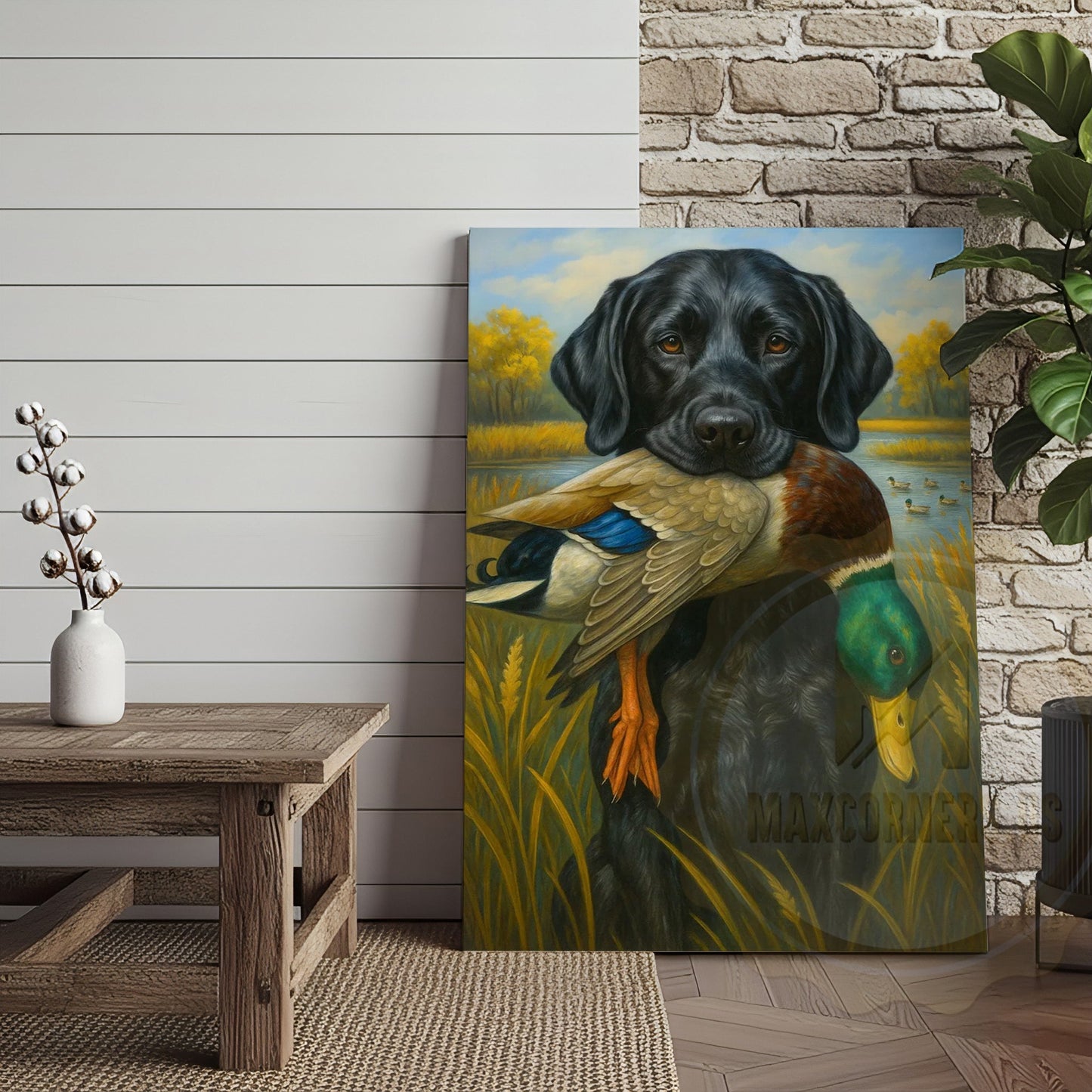 Black Lab Retriever With Duck Hunting Art Wrapped Canvas