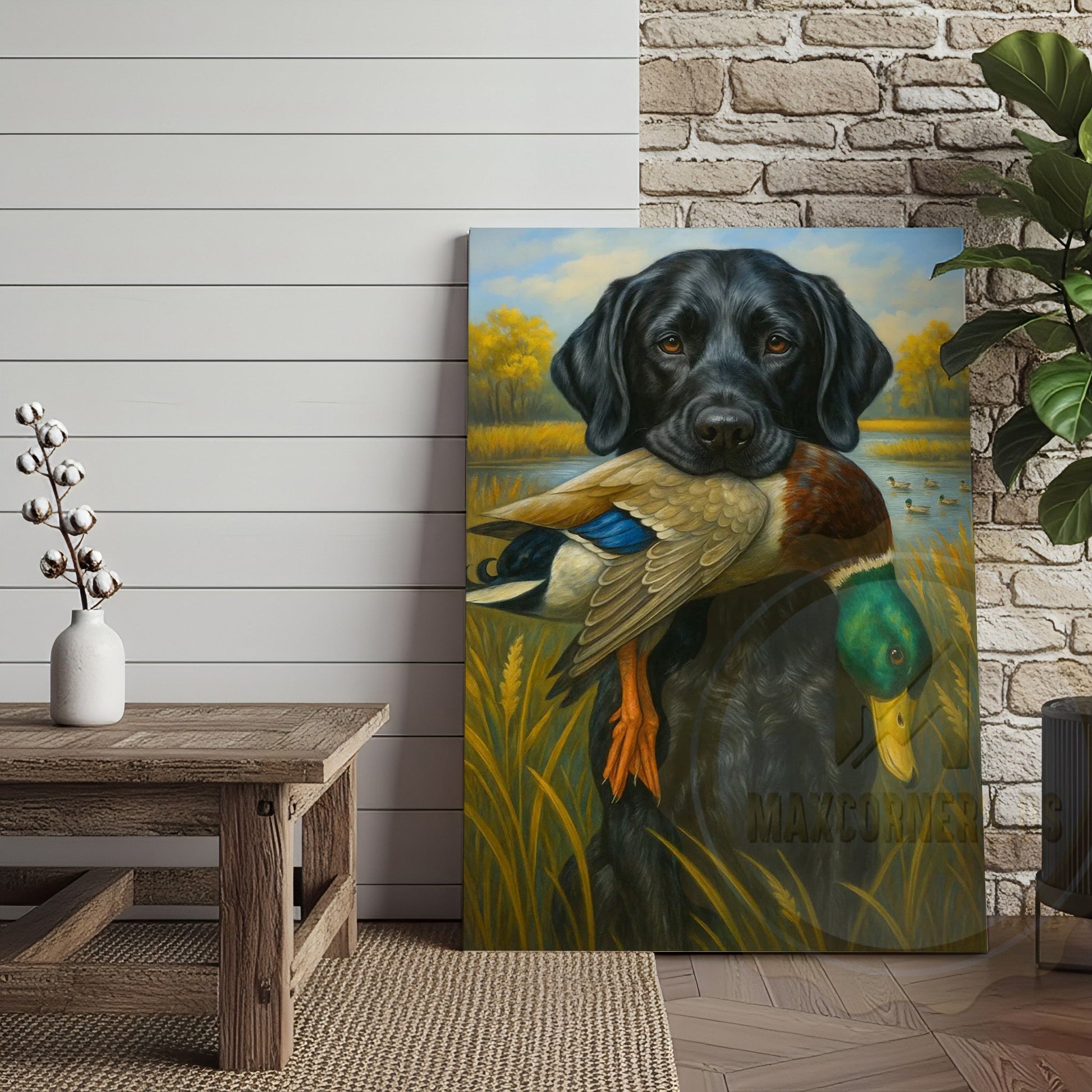 Black Lab Retriever With Duck Hunting Art Wrapped Canvas